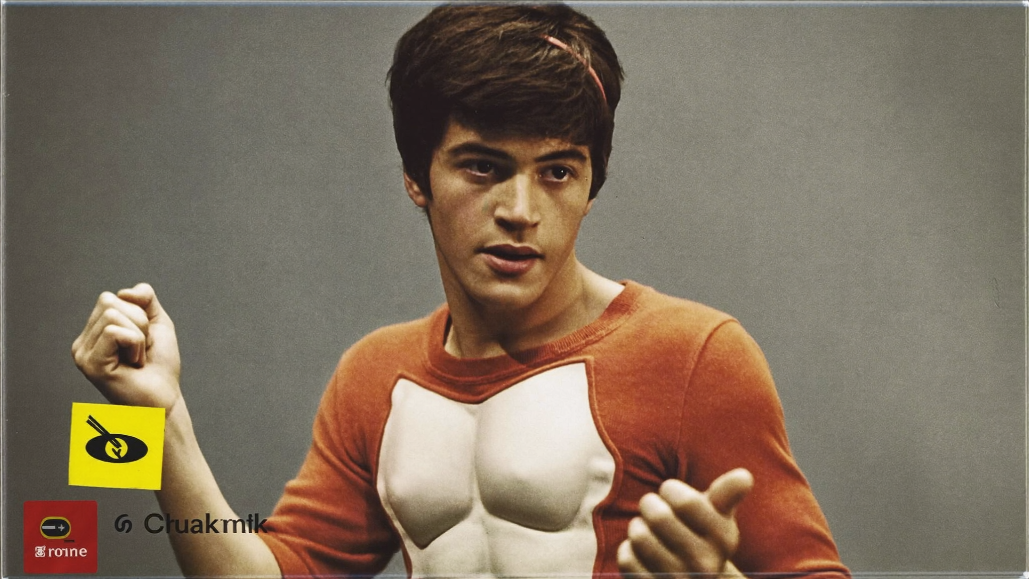 Shop original: photoreal young man, rust-red shirt, Chuakmik and ronne marks